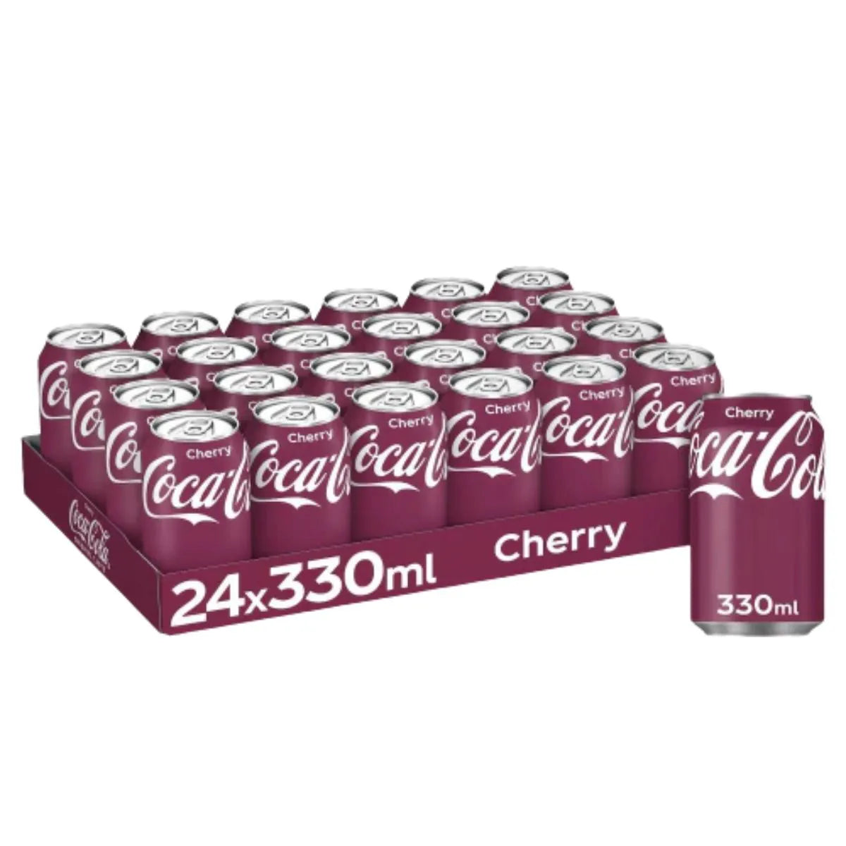 A tray of Coca Cola Cherry 24 x 330ml EU cans, ideal for bulk wholesale or Germany import, with one can shown separately on the right.