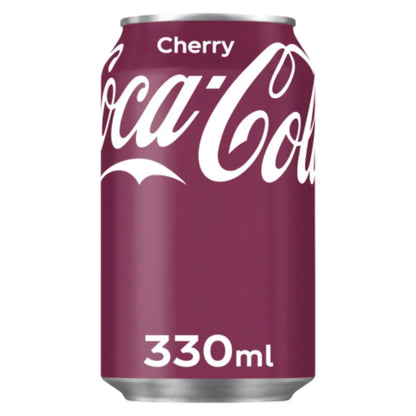 A case of Coca Cola Cherry 24 x 330ml EU cans, imported from Germany, displayed on a burgundy background with white text—ideal for anyone looking to buy soft drinks wholesale.