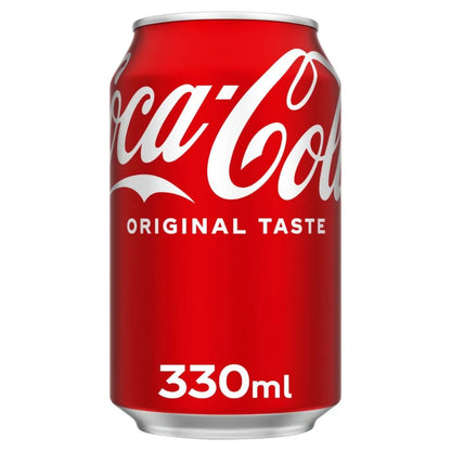 A pack of 24 Coca Cola Original 330ml cans, featuring iconic red and white branding—ideal for soft drink enthusiasts.