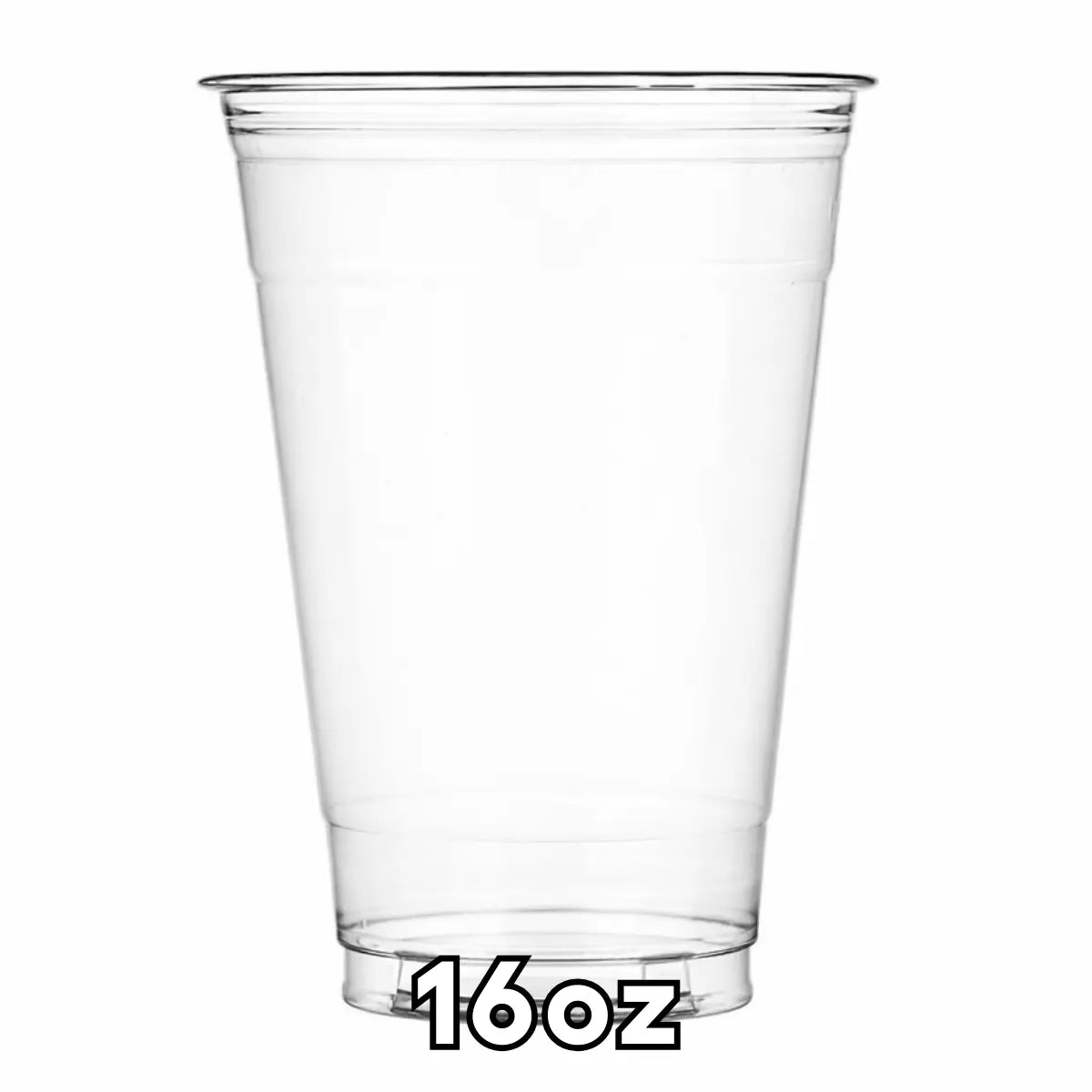 The 16oz Clear PET Smoothie Cups 1000 Pack features transparent cups labeled "16oz" at the bottom, perfect for packaging cold drinks or smoothies, and shown against a white background.