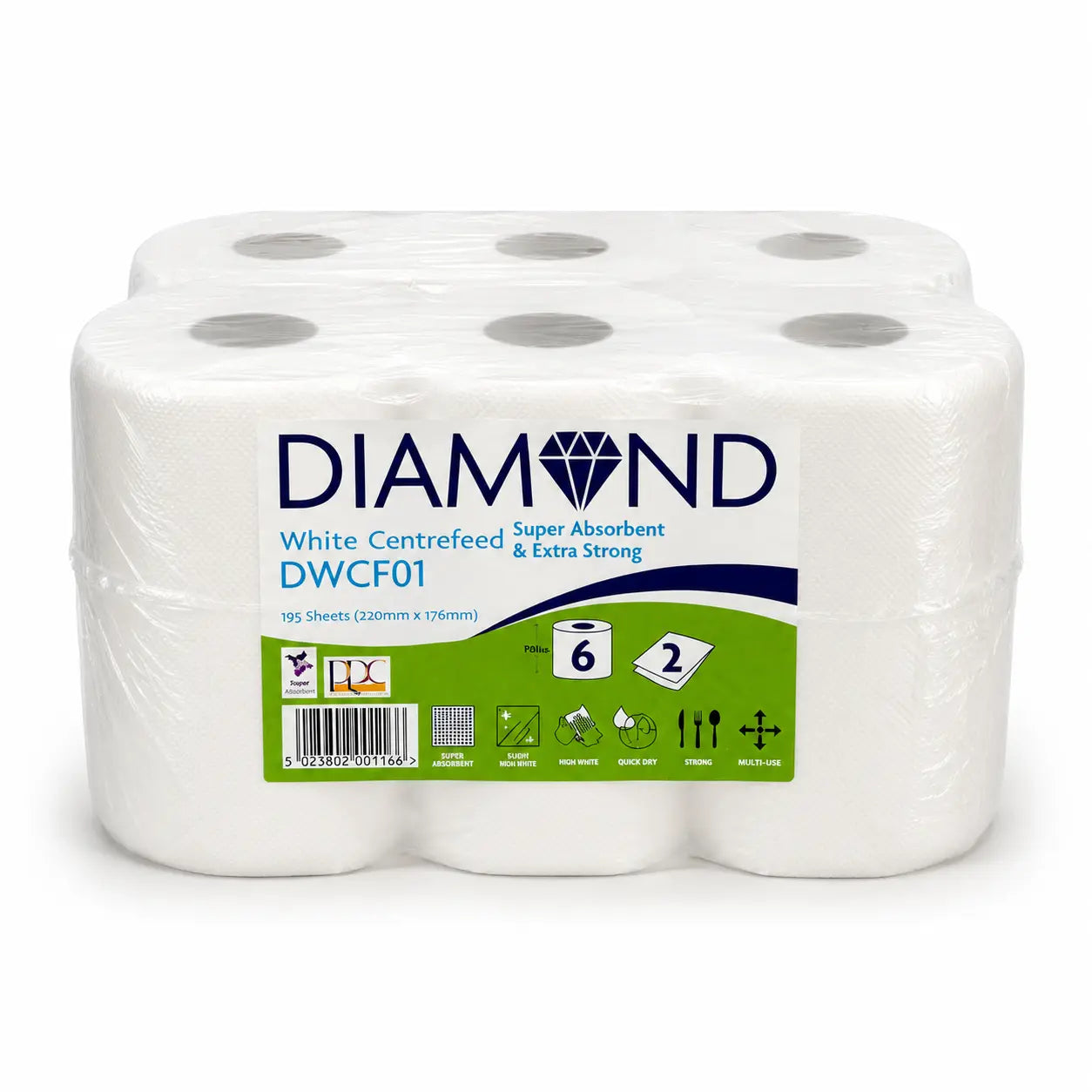 A six-pack of White Roll 40M centrefeed white paper rolls in clear plastic packaging, each 2-ply roll with 195 sheets, labeled super absorbent and extra strong.