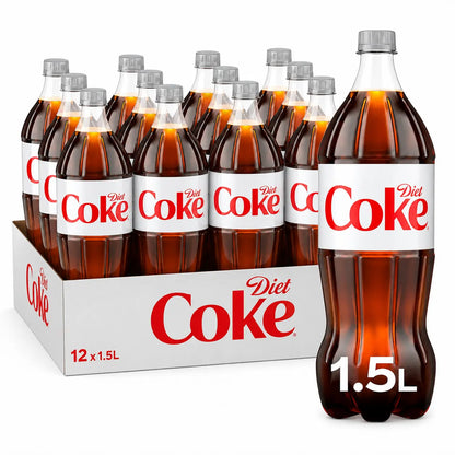 Twelve bottles of Diet Coke 1.5L arranged in a cardboard tray, with one Diet Coke 1.5L bottle displayed at the front of the pack.