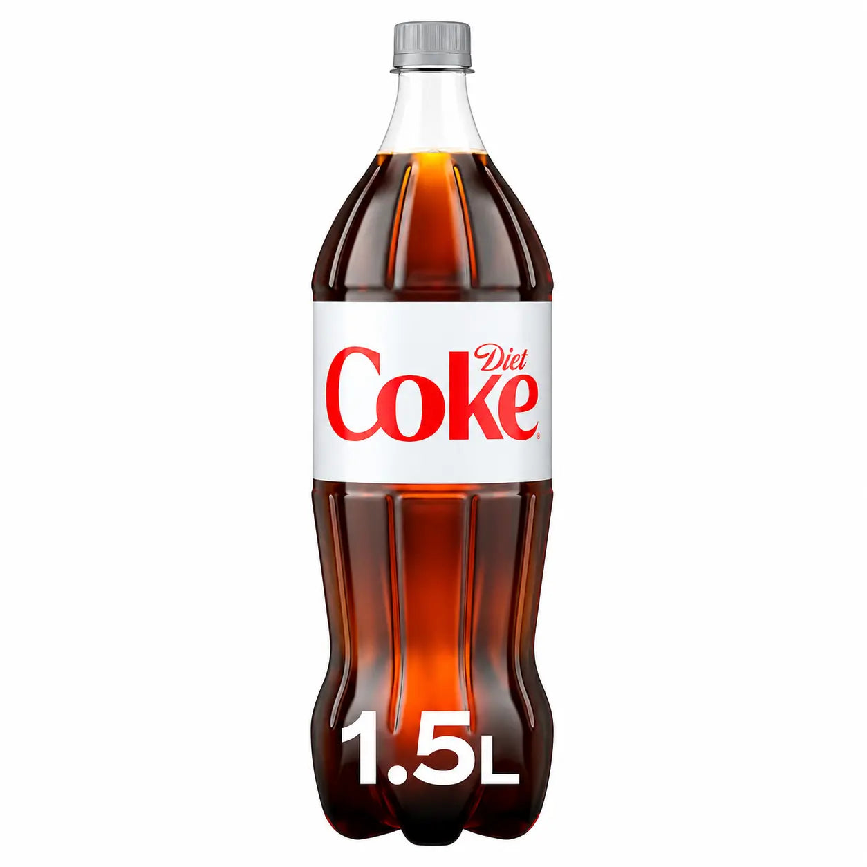 A 1.5-liter bottle of Diet Coke 1.5L with a silver cap, featuring a white label with a red logo.