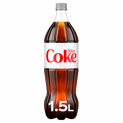A 1.5-liter bottle of Diet Coke 1.5L with a silver cap, featuring a white label with a red logo.