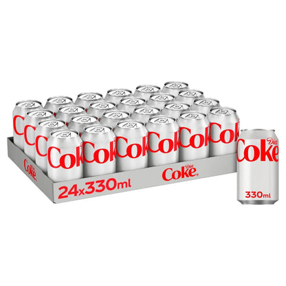The Diet Coke 24 x 330ml Multipack features a tray of 24 sugar-free cans, with one can displayed in front—perfect for those buying soft drinks in bulk.