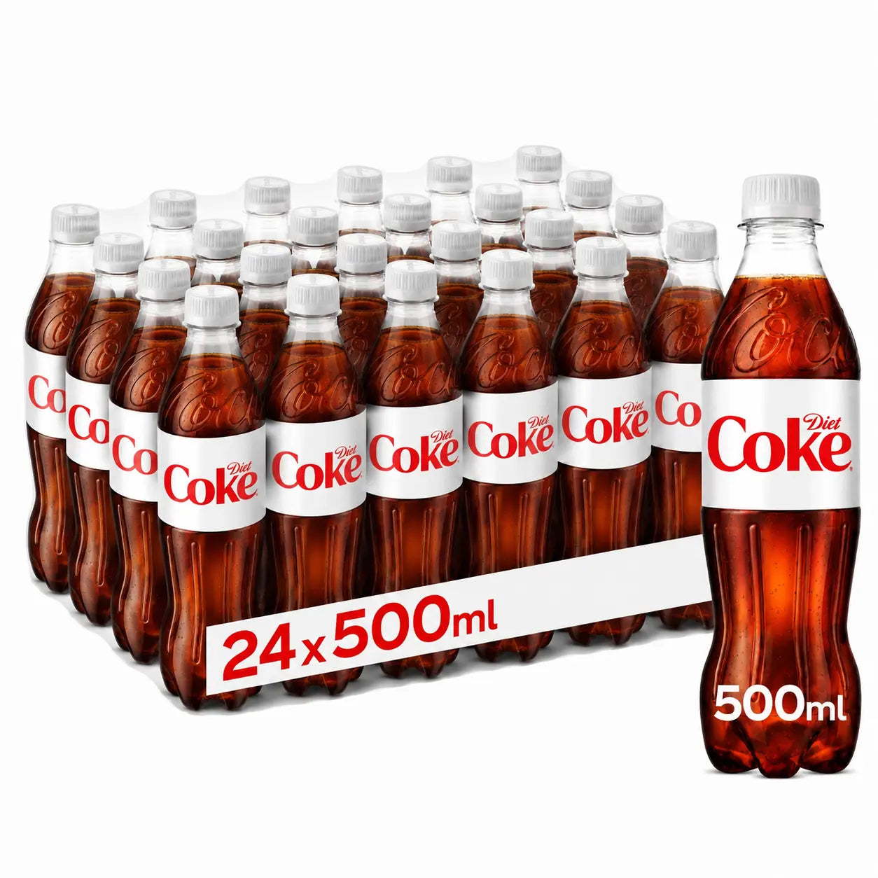 A 24-pack of Diet Coke 500ml bottles (Diet Coke 500ml 24 Pack Irish), ideal for UK retail, with one bottle prominently displayed in the foreground to highlight the label and size.