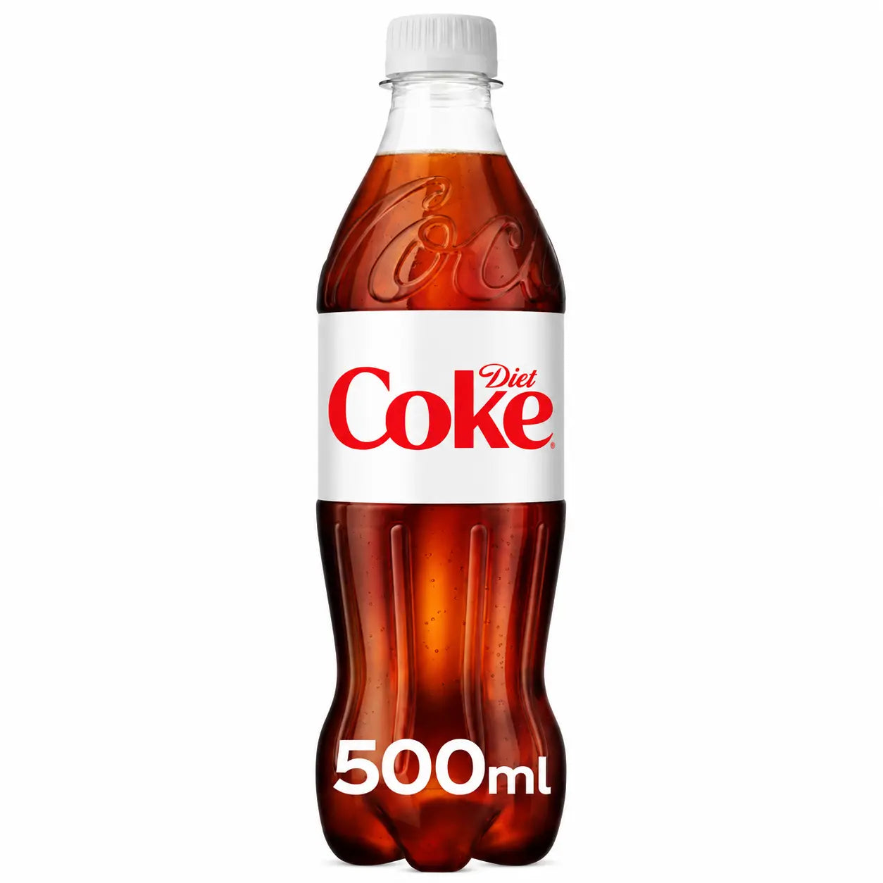 A 500 mL plastic bottle from the Diet Coke 500ml 24 Pack Irish collection, featuring a white label with a red logo and a clear plastic lid, designed for UK retail and presented against a white background.