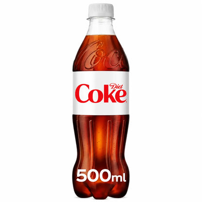 A 500 mL plastic bottle from the Diet Coke 500ml 24 Pack Irish collection, featuring a white label with a red logo and a clear plastic lid, designed for UK retail and presented against a white background.