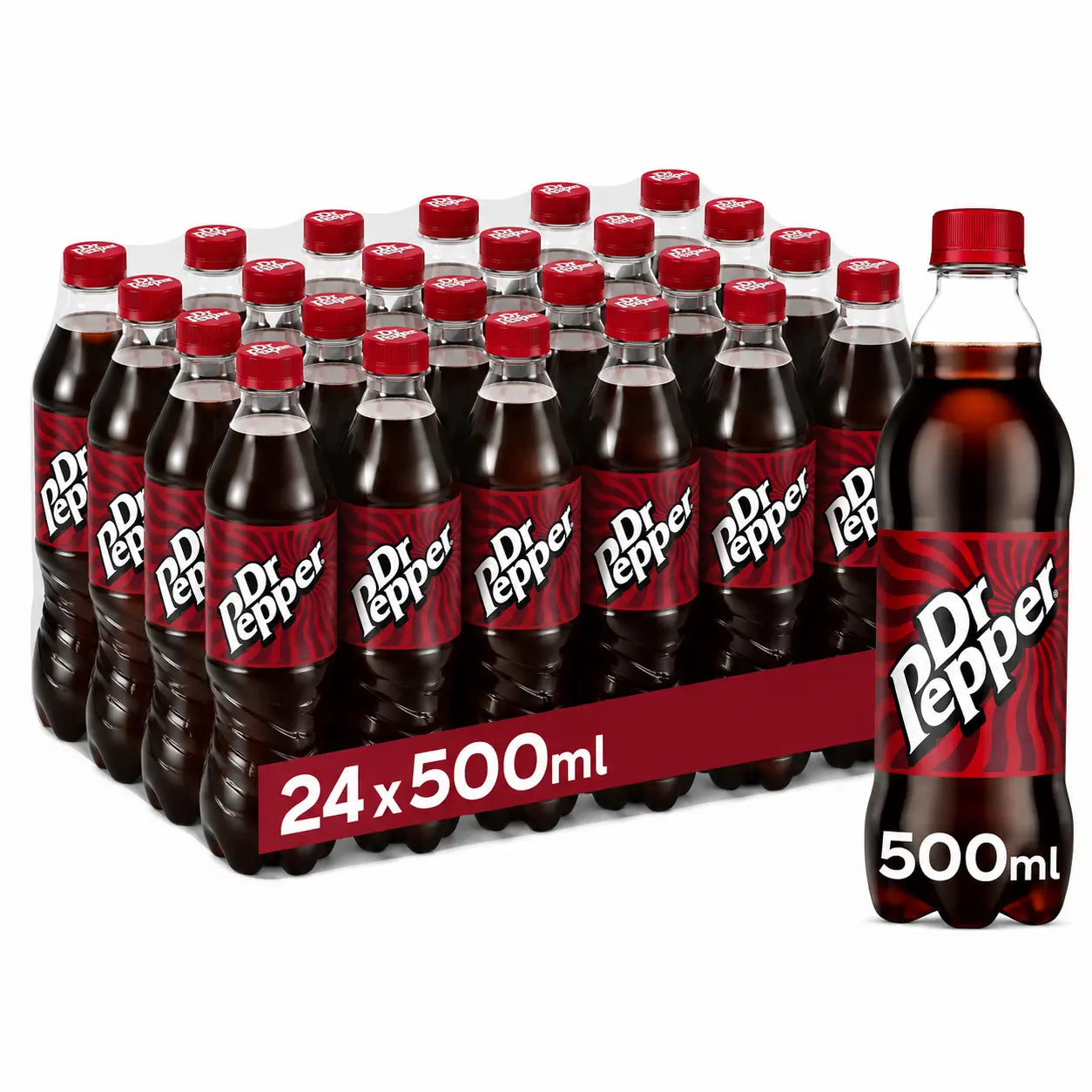 A Dr Pepper 500ml 24 Pack Irish is displayed, featuring one bottle positioned at the front for emphasis.