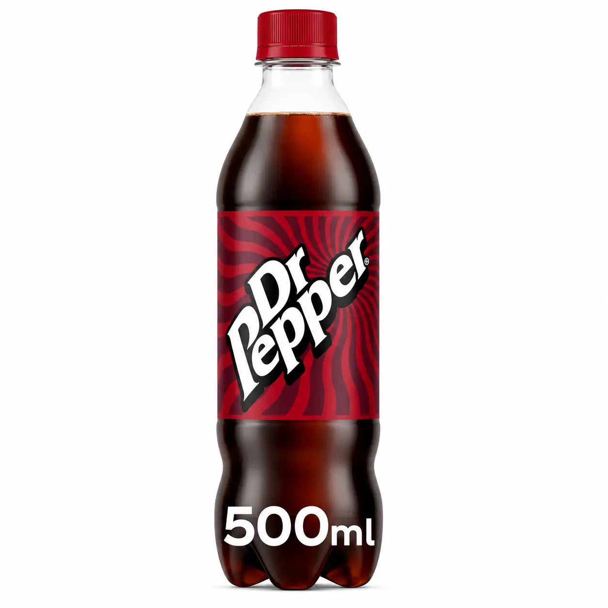 A 500ml plastic bottle from the Dr Pepper 500ml 24 Pack Irish, featuring a red label and cap with the iconic white Dr Pepper logo and a swirled background design.