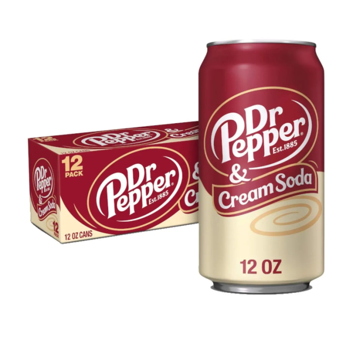 A 355ml can of Dr Pepper Cream Soda USA is displayed in front of a 12 x 355ml pack—ideal for fans of American soft drinks or those needing bulk soft drink supplies.