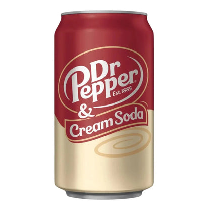 A can from the Dr Pepper Cream Soda USA 12 x 355ml pack, a popular imported soft drink, features a red and cream design with the logo displayed on the front.