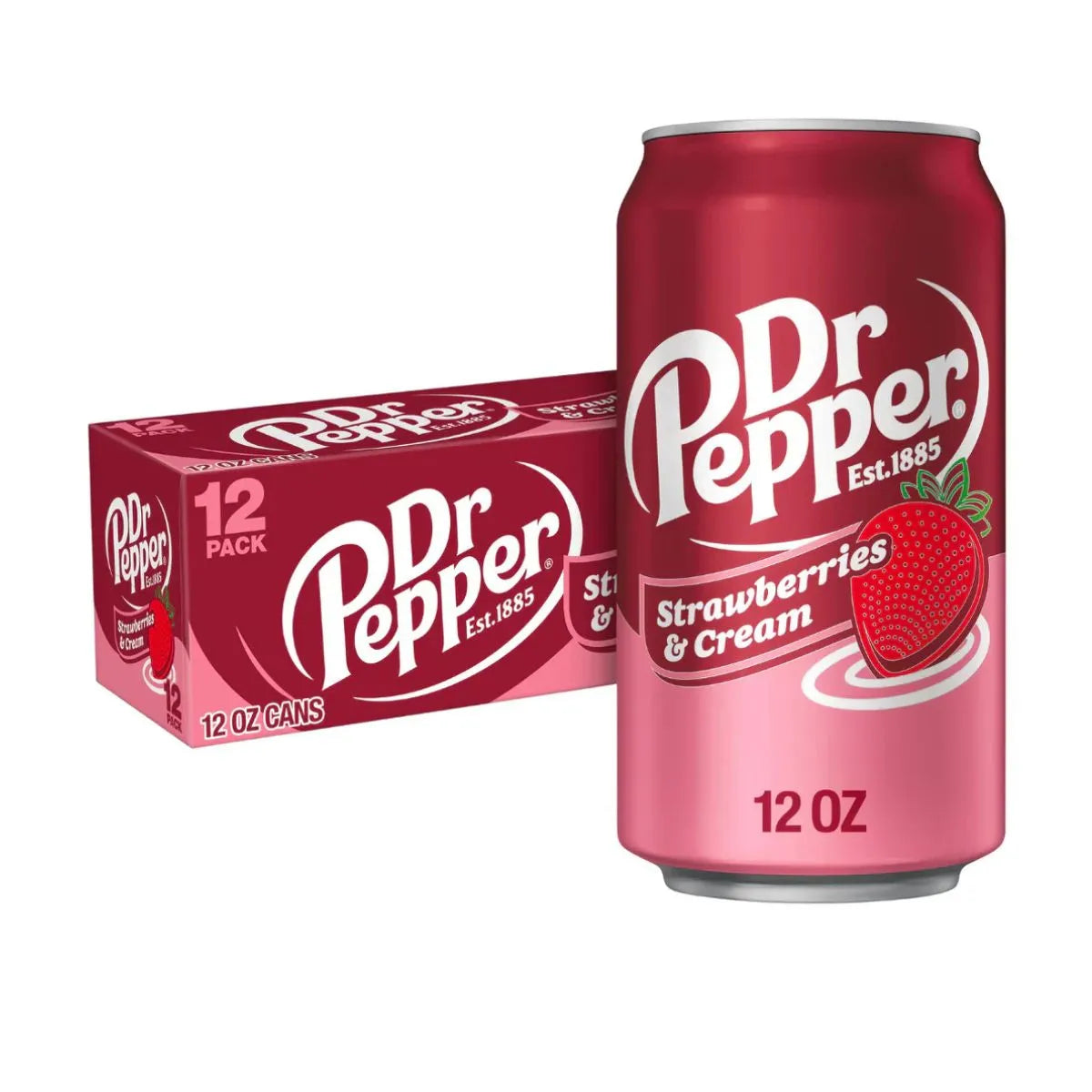 A 12-pack box of Dr Pepper Strawberries and Cream USA (12 x 355ml cans) with strawberry-themed branding is displayed, ideal for bulk soft drink wholesale orders.