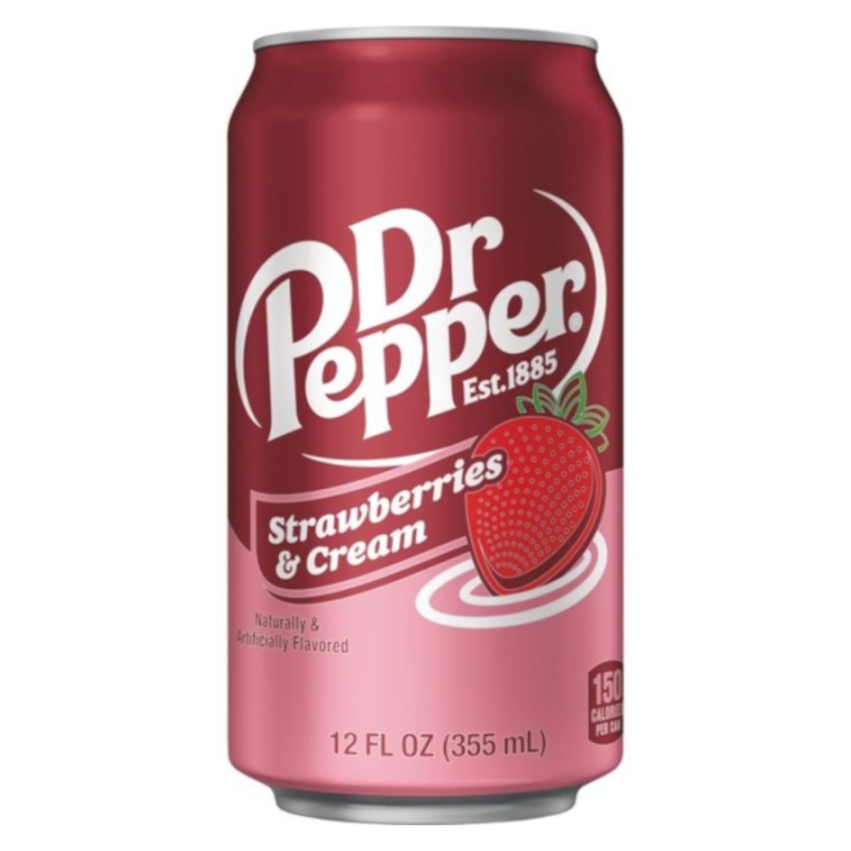 A 12 x 355ml pack of Dr Pepper Strawberries and Cream USA, featuring a strawberry graphic and labeled Naturally & Artificially Flavored—ideal for fans of unique imported soft drinks.