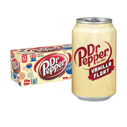 A 12-pack box and can of Dr Pepper Vanilla Float USA 12 x 355ml are displayed, featuring bold branding on a light beige can—an ideal classic import soft drink for wholesale selections.