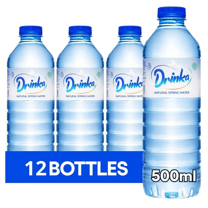 Drinka Spring Water 500ml x 12 offers twelve bottles of quality natural spring water with blue caps—perfect for bulk purchases or those needing premium bottled water wholesale.