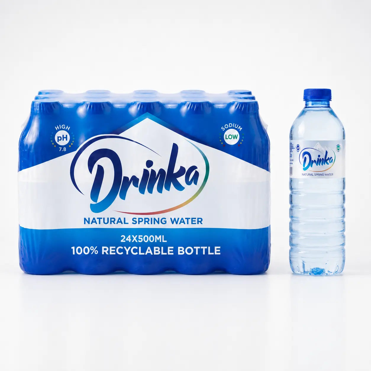 A 24-pack of Drinka Spring Water 500ml bottles, in blue plastic packaging, is shown next to a single bottle.