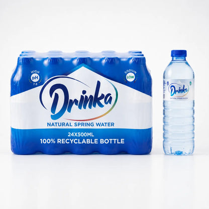 A 24-pack of Drinka Spring Water 500ml bottles, in blue plastic packaging, is shown next to a single bottle.