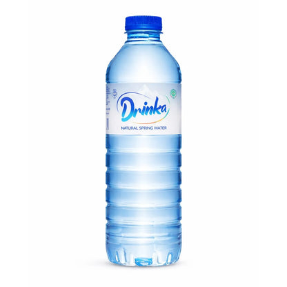 A pack of Drinka Spring Water 500ml x 12 bottles, each clear with a blue cap and label, ideal for wholesale bottled water needs.