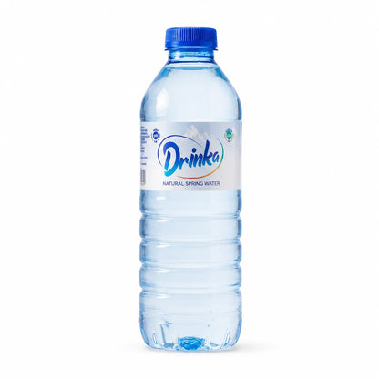 A pack of 12 Drinka Spring Water 500ml bottles, each with a blue cap and label, premium natural spring water imported from Turkey.