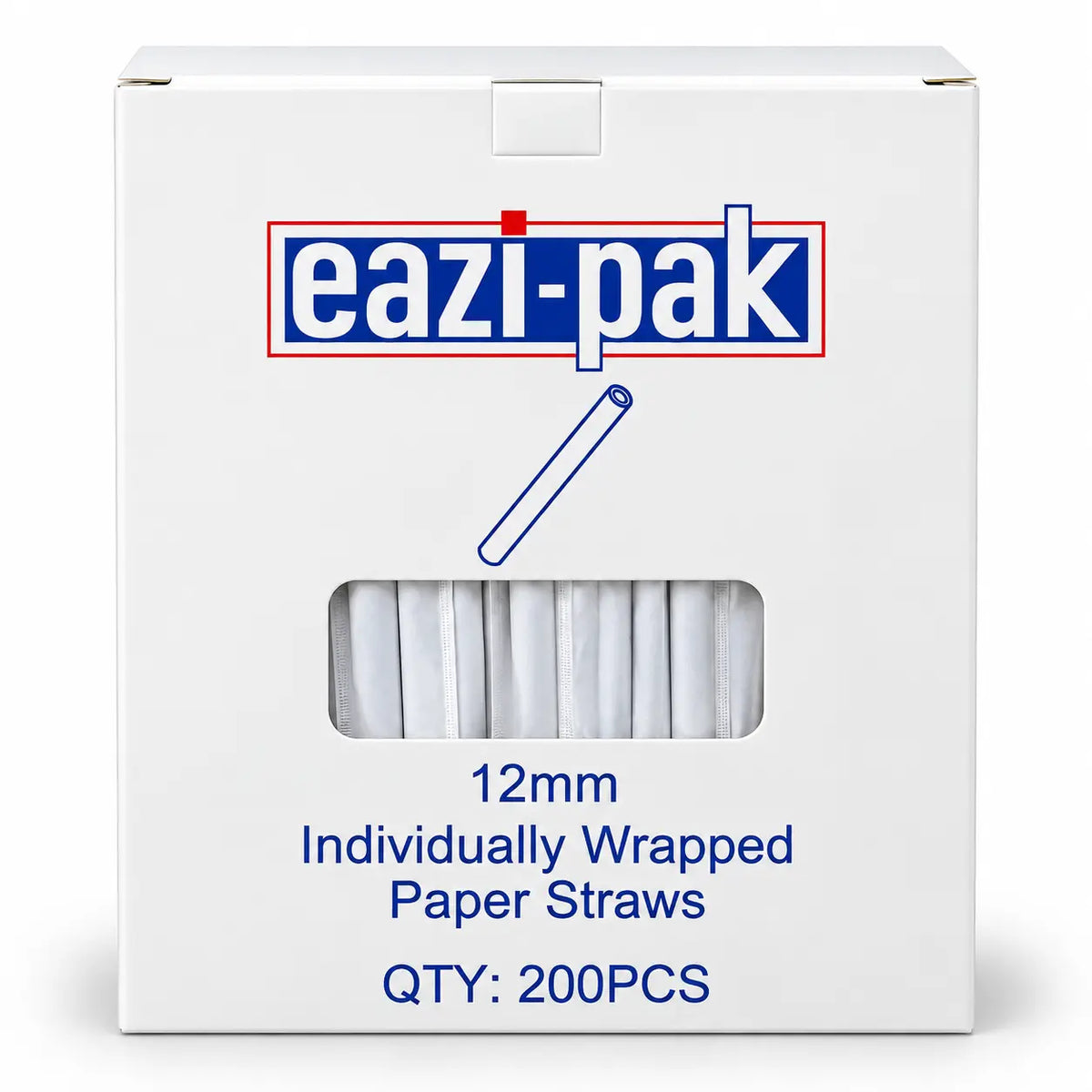 A box labeled “Paper Straws 12mm x 230mm Individually Wrapped” contains 200 biodegradable paper straws, each individually wrapped and visible through a small window on the front.