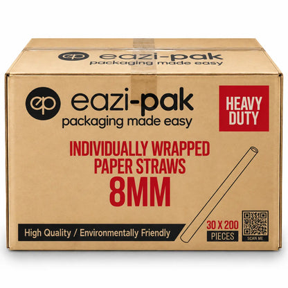 A cardboard box labeled Paper Straws 8mm x 230mm Individually Wrapped, 30 x 200 pieces—high-quality, biodegradable straws that are environmentally friendly.