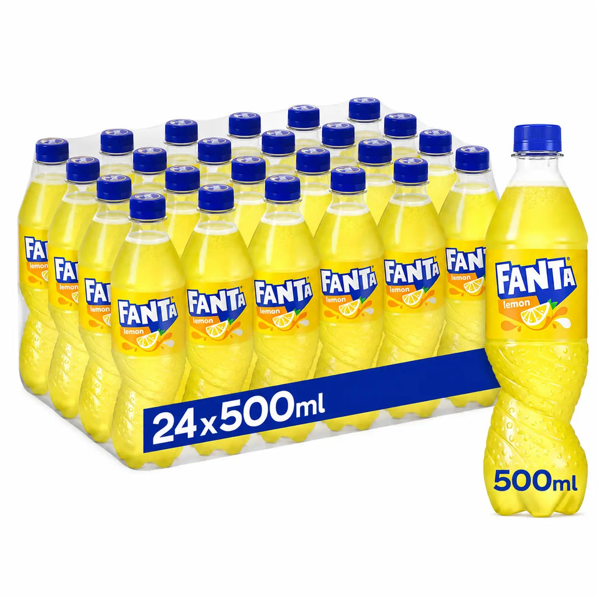 A 24-pack of Fanta Lemon 500ml Irish bottles, featuring vibrant yellow liquid and blue caps, displayed with one bottle positioned in front.