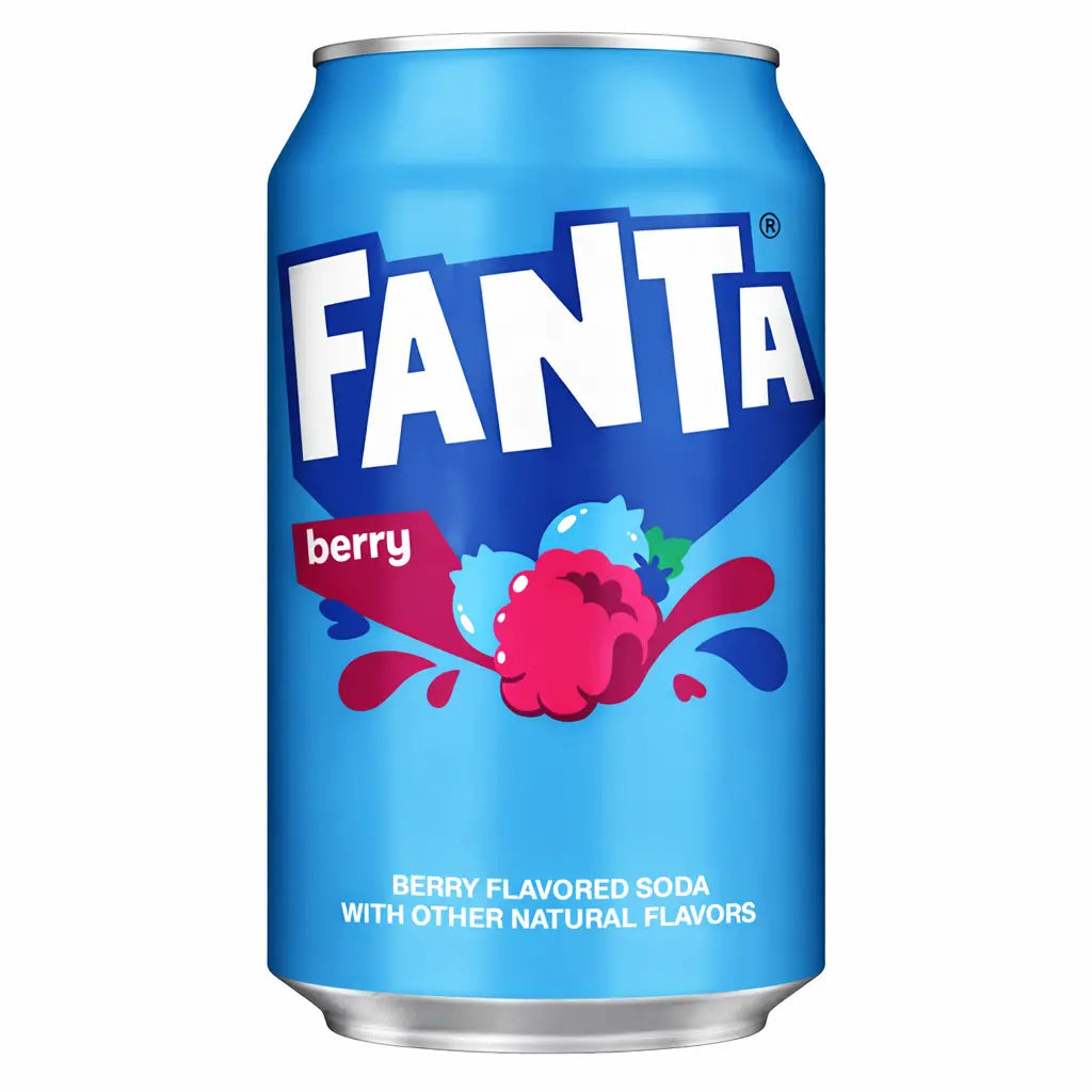 Fanta Berry USA 12 x 355ml: Blue can berry soda with raspberry and blueberry images—a unique imported soft drink for Fanta fans.