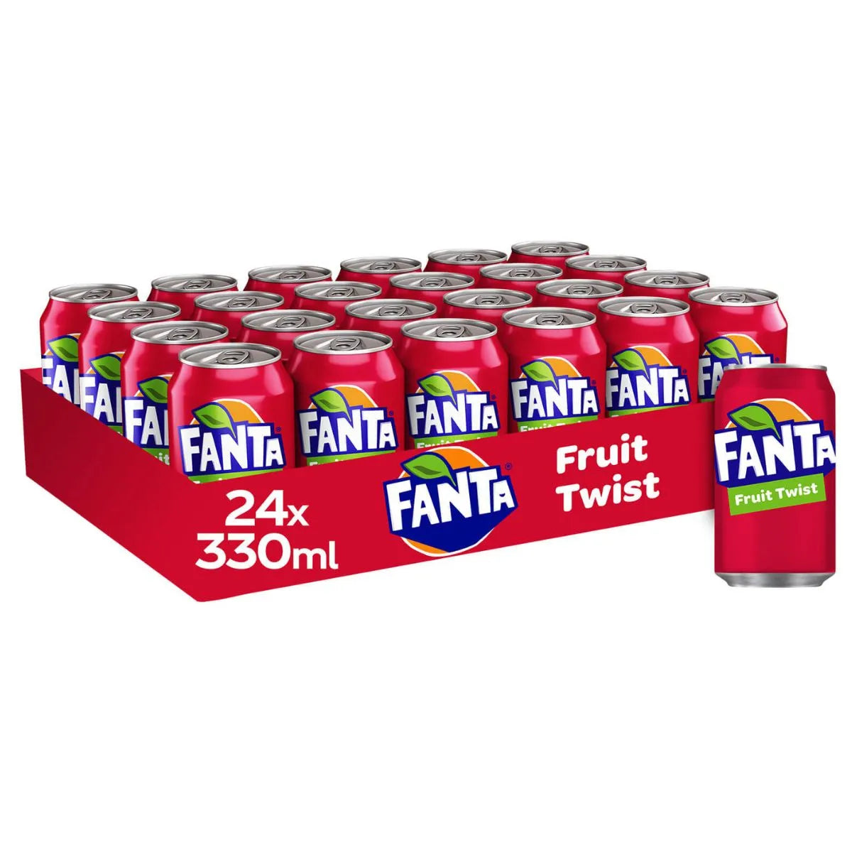 The Fanta Fruit Twist 24 x 330ml Multipack features 24 cans in a red cardboard tray, each can with the Fanta logo and Fruit Twist branding—ideal for soft drinks wholesale. The tray is clearly marked with 24 x 330ml.