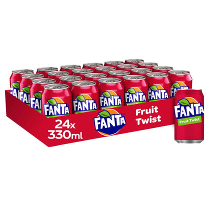 The Fanta Fruit Twist 24 x 330ml Multipack features 24 cans in a red cardboard tray, each can with the Fanta logo and Fruit Twist branding—ideal for soft drinks wholesale. The tray is clearly marked with 24 x 330ml.