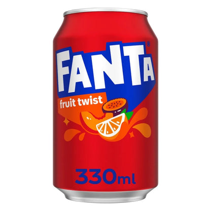 The Fanta Fruit Twist 24 x 330ml Multipack is available for soft drinks wholesale, with cans featuring a red background, sliced orange and passion fruit images, and the iconic Fanta logo.