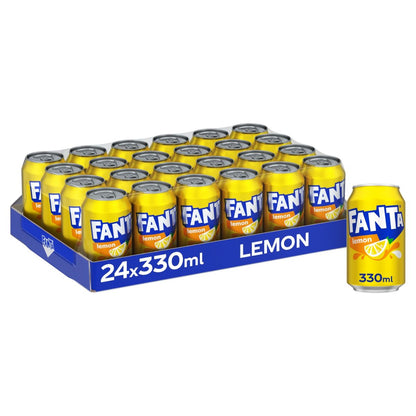 Fanta Lemon 24 x 330ml—ideal for wholesale—shown as a tray of cans with one can displayed separately on the right.