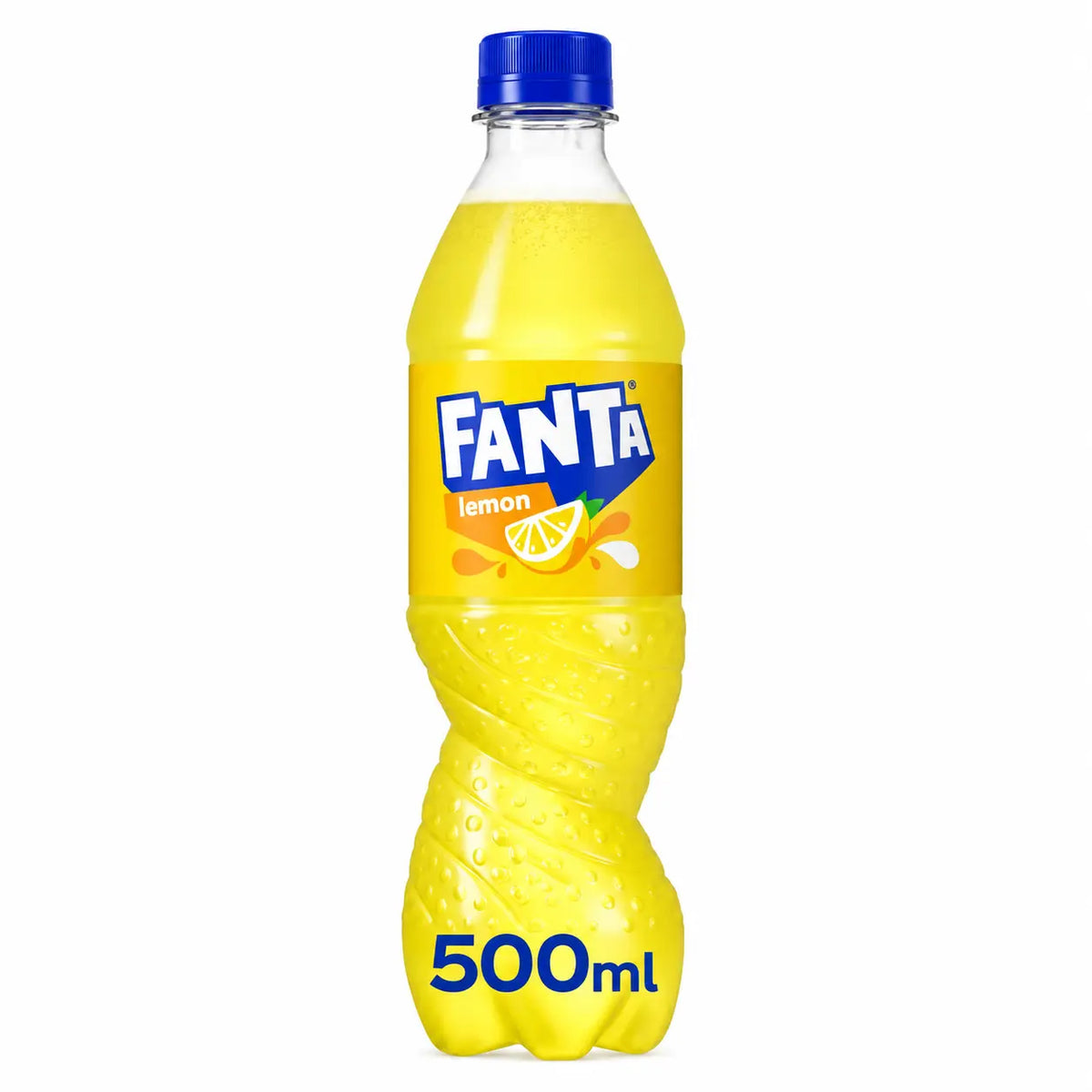 A 500ml bottle of Fanta Lemon from the Irish 24 pack, featuring a yellow label, blue cap, and citrus fruit graphics on the front.