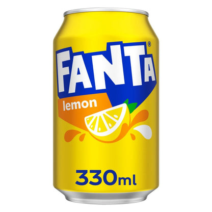 Fanta Lemon 24 x 330ml, ideal for soft drinks wholesale, features each can with a yellow background, blue and white Fanta logo, lemon wedge graphic, and "lemon" in white text on an orange label.