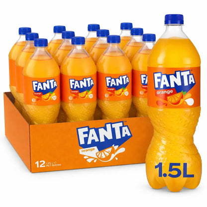 Fanta Orange 1.5L Bottles 12 Pack features twelve citrus-flavoured soft drink bottles neatly packed in an orange box, with one bottle shown in front—perfect for bulk wholesale needs.