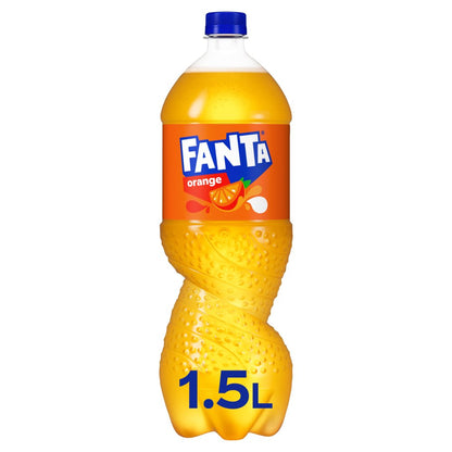 Fanta Orange 1.5L Bottles 12 Pack—each bottle features a blue cap, vibrant orange label, and fruit graphics, ideal for soft drink wholesale or stocking up on your favorite Fanta Orange refreshment.