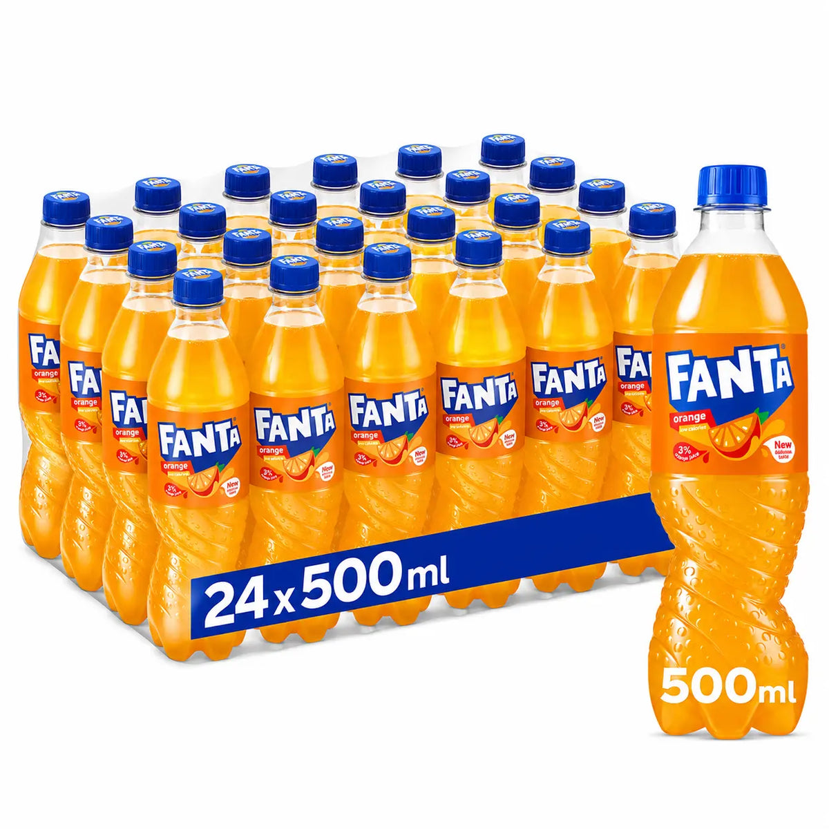 A 24 pack of Fanta Orange 500ml bottles (Irish) is displayed, with one bottle featured prominently in the foreground.