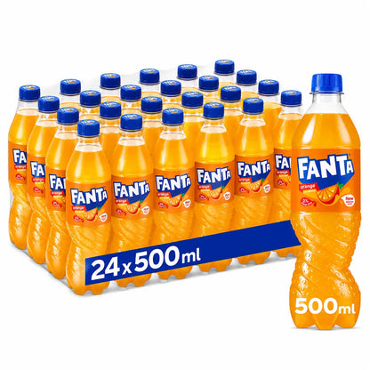 A 24 pack of Fanta Orange 500ml bottles (Irish) is displayed, with one bottle featured prominently in the foreground.