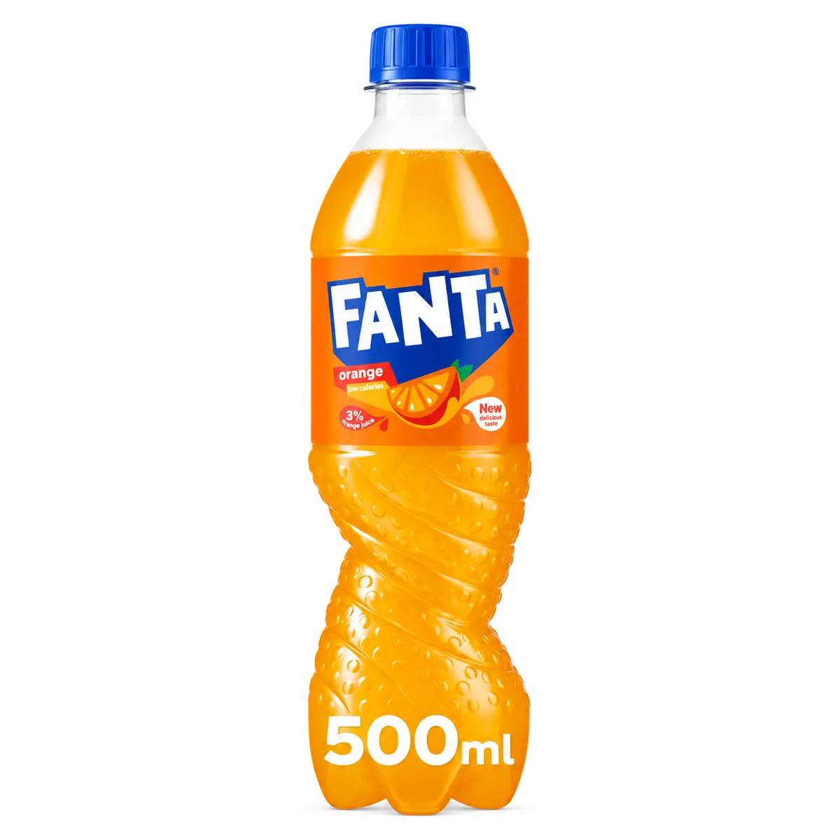 A 500ml bottle from the Fanta Orange 500ml 24 Pack Irish, featuring a plastic design with a blue cap and a label displaying the Fanta logo alongside orange slice imagery.