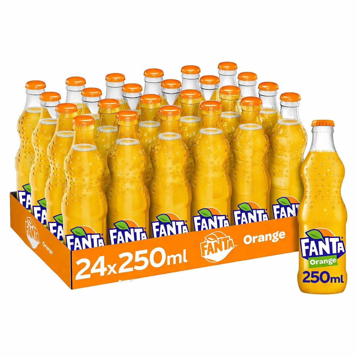 Fanta Orange 250ml Glass Bottles 24 Pack—each crate holds 24 bottles with orange caps, arranged in four rows. Perfect for Kurdistan importers and bulk soft drinks wholesalers.