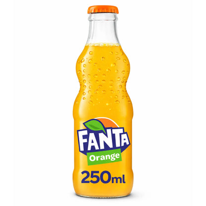 Fanta Orange 250ml Glass Bottles 24 Pack—imported from Kurdistan, featuring orange caps and branded labels. Ideal for wholesale soft drink buyers.
