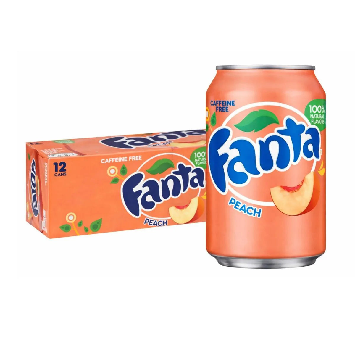 Fanta Peach USA 12 x 355ml is a peach-flavoured soft drink in vibrant orange packaging with peach slice and green leaf graphics—a refreshing imported soda for fans of fruity flavors.