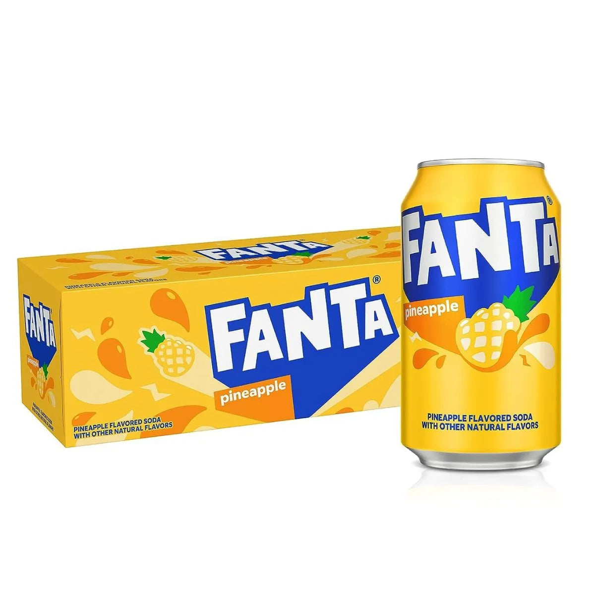A can and box of Fanta Pineapple USA 12 x 355ml, yellow with blue and white branding plus pineapple images—ideal for those after wholesale soft drinks or popular USA import sodas.