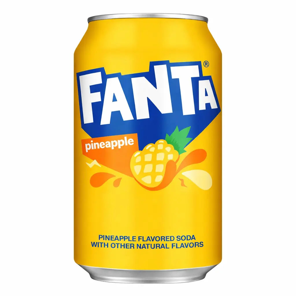 A 355ml can of Fanta Pineapple USA, part of a 12-pack, showing a bright pineapple design and labeled as "pineapple flavored soda with other natural flavors.