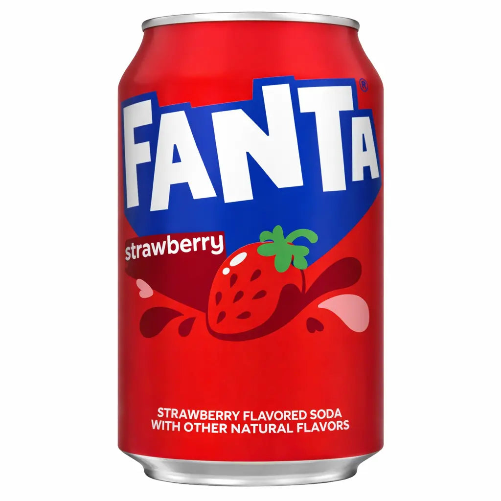 Enjoy Fanta Strawberry USA 12 x 355ml, a popular imported soda featuring a red can with a stylized strawberry. A delicious strawberry-flavored soft drink for fans of American beverages.