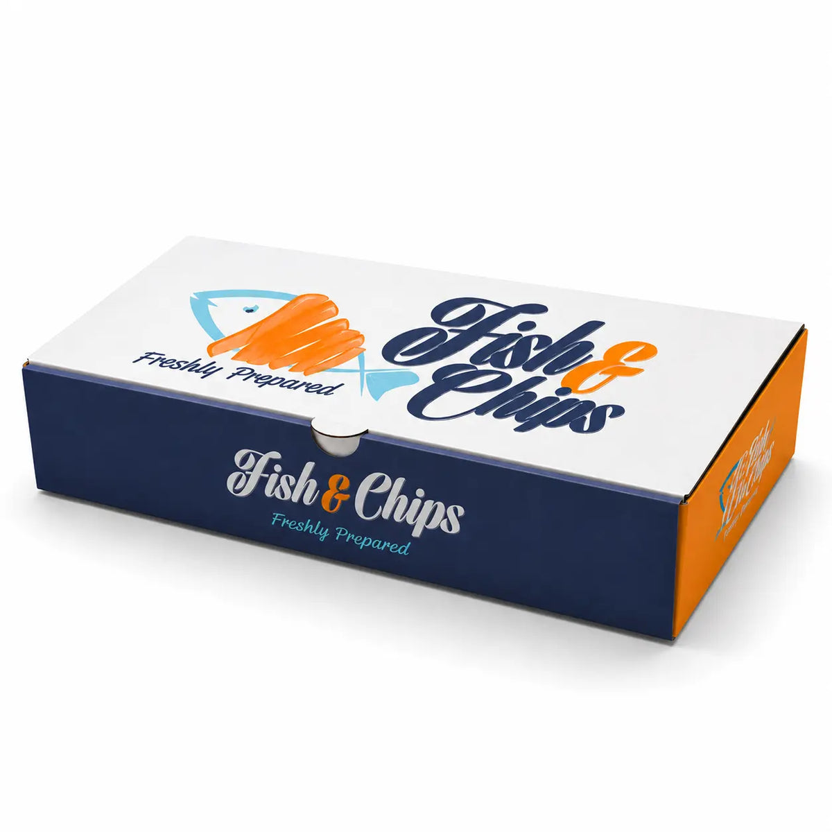 Large Fish & Chip Boxes (310 x 150 x 50mm), supplied in a 90 pack, feature a white lid, blue sides, and “Fish & Chips Freshly Prepared” text with an orange fish graphic. Made from recyclable cardboard, these rectangular boxes are ideal for serving family portions.