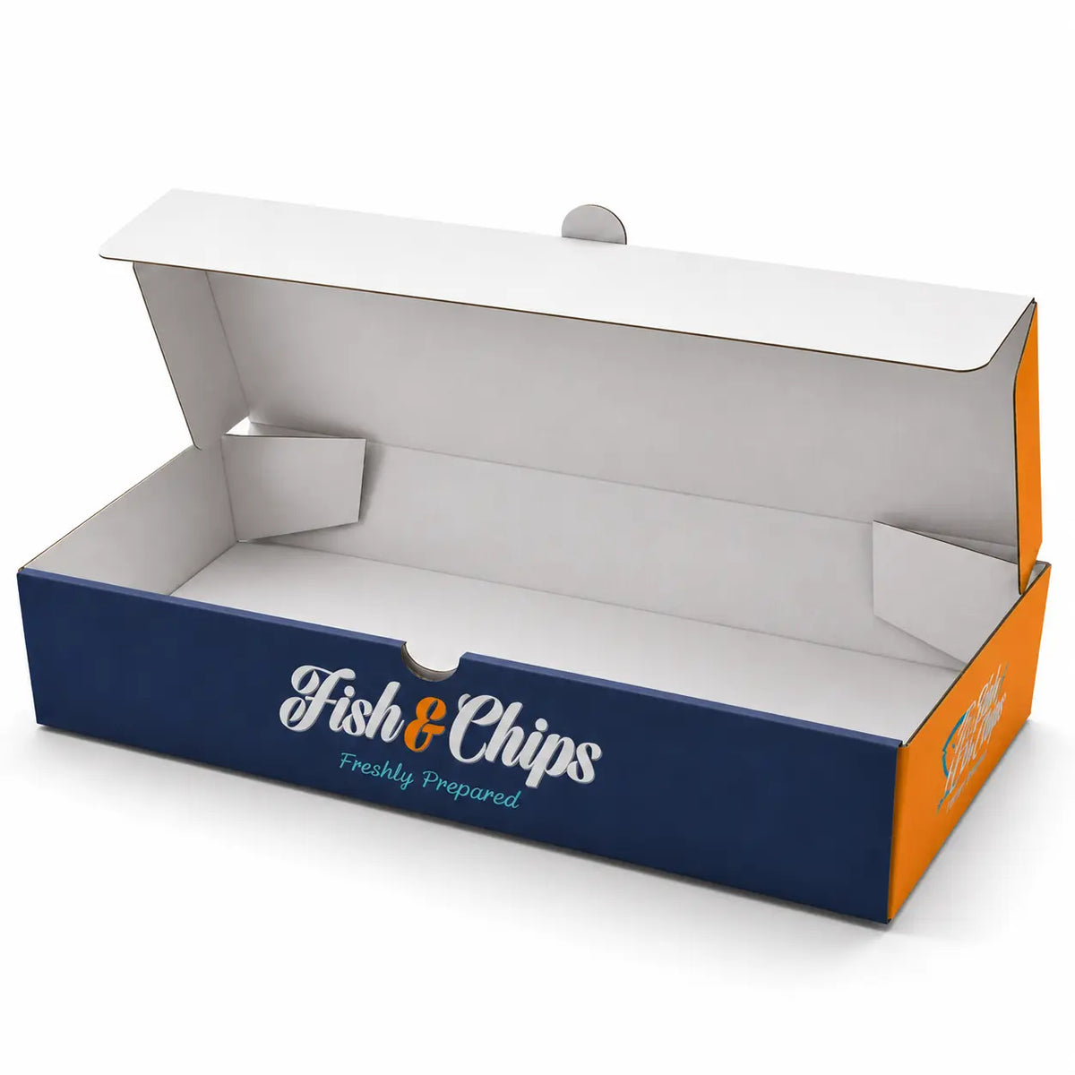 Spacious, open rectangular Fish & Chip Boxes Large 310 x 150 x 50mm (90 Pack), featuring recyclable cardboard with bold blue and orange sides, a clean white interior, and ample size—ideal for serving generous family portions of freshly prepared fish & chips.