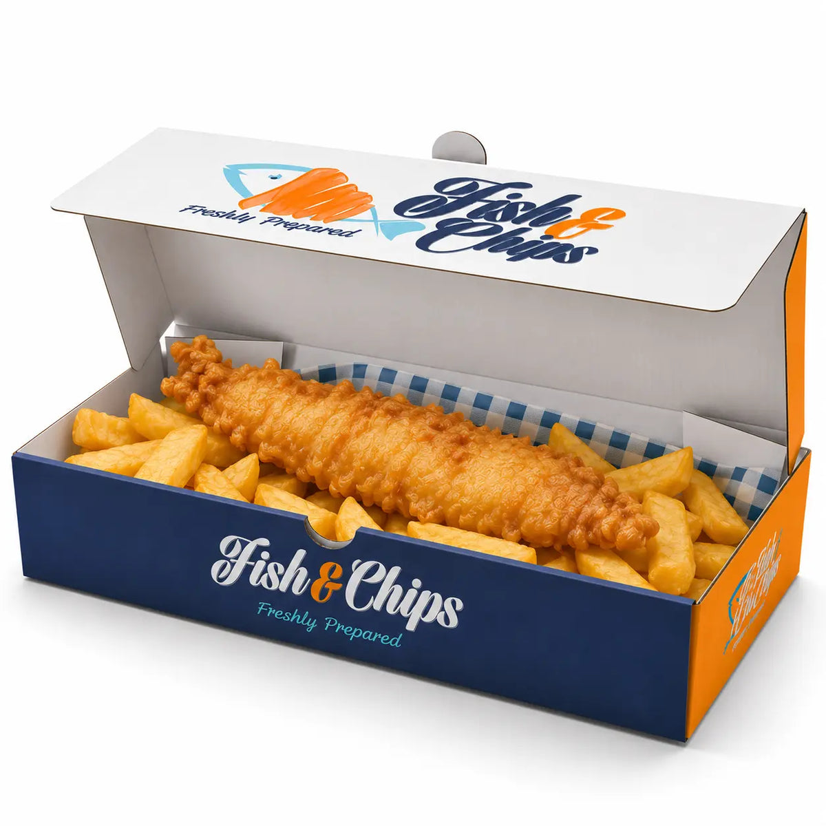 Enjoy your fish and chips meal in a large, recyclable Fish & Chip Box (310 x 150 x 50mm) from our 90 pack—ideal for family-sized portions, with a crispy fried fish fillet served atop golden fries inside the spacious branded container.