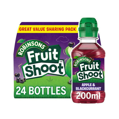 A pack of 24 Fruit Shoot Apple & Blackcurrant 200ml bottles, with one bottle displayed at the front—perfect for kids’ drinks on the go.