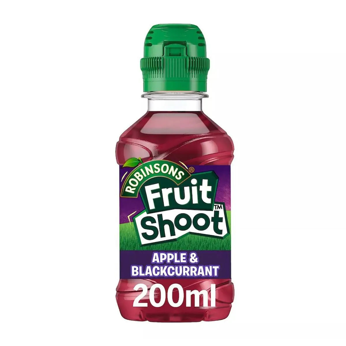 Fruit Shoot Apple & Blackcurrant 24 x 200ml bottles, each with a green cap—ideal for kids’ drinks.